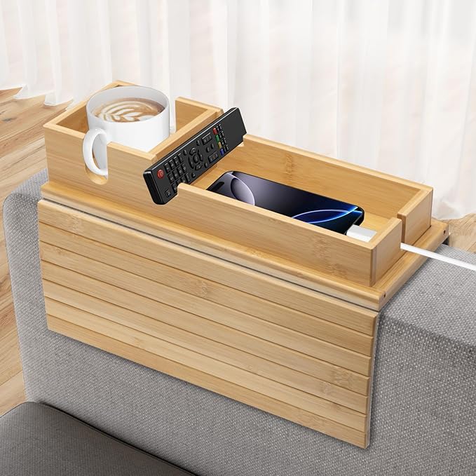 Bamboo Sofa Armrest Tray - Couch Arm Tray with Detachable Couch Cup Holder - 2 in 1 Anti-Slip Foldable Sofa Armchair Caddy Table - Cup Holder for Drinks Cellphone Snacks, Remote
