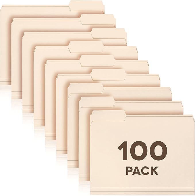 Manila Folders 8.5 x 11, Letter Size 100-Pack - File Folders for Documents 1/3-Cut Tabs, Assorted Positions, Folder Organizer for Home, Office or Classroom | Bulk Pack, Made in USA
