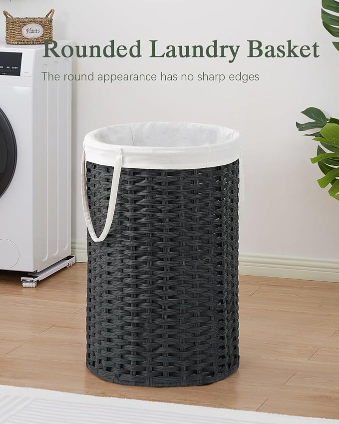 34.3 Gal (130 L) Large Laundry Hamper Laundry Basket Round Handwoven Wicker Laundry Baskets Rattan Laundry Basket with Removable Bag Handles 2 Mesh Bags for Living Room Bedroom Black (No Lid)