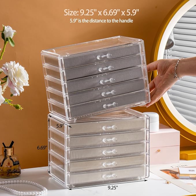 YUFONG Necklace Holder Organizer, Dustproof Necklace Box Velvet Necklace Organizer Box with Lid Clear Acrylic Dustproof Stackable Jewelry Displays for Necklaces Chain Display (Black, 5 Drawer)