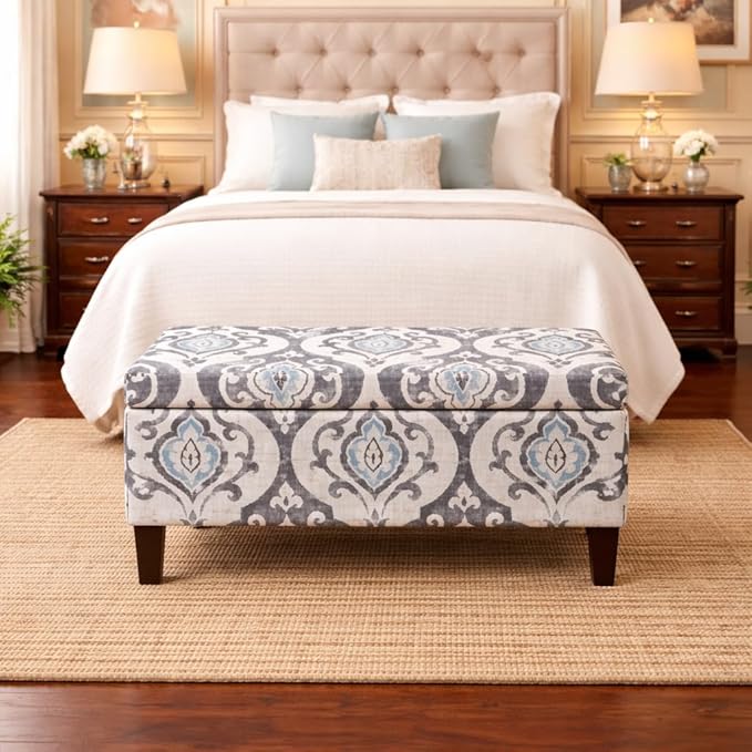 HomePop Large Upholstered Rectangular Storage Ottoman Bench with Hinged Lid, Slate Damask