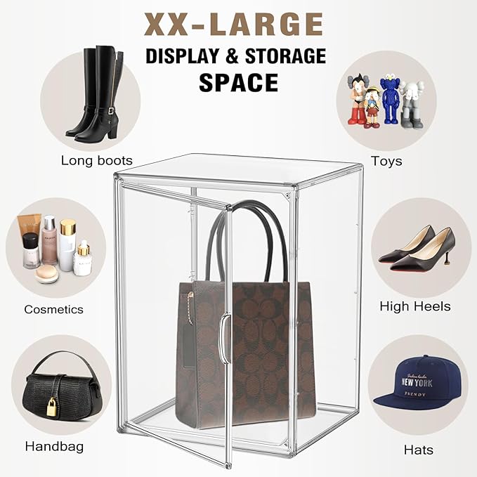 XX-Large Clear Handbag Storage Organizer for Closet Acrylic Display Case Clear Purse Organizer 15 x 12 Inch Plastic Storage Box for Boots, Big Tote Bag, Collectibles, Cosmetic, 2 Pack