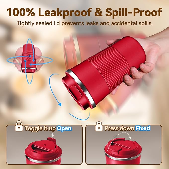 17OZ Travel Coffee Mug Insulated Coffee Cup with Spill Leak Proof Lid, Portable Stainless Steel Tumbler Reusable Hot and Cold Water Mug for Car, Daily, Camping- Red