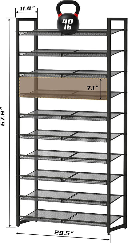 Shoe Rack, 10-Tier Metal Shoe Organizer, Tall Shoe Rack for Closet,entryway,Garage, with Adjustable Flat or Angled Shelves, 42-50 Pairs,Shoes that can accommodate The Whole Family.