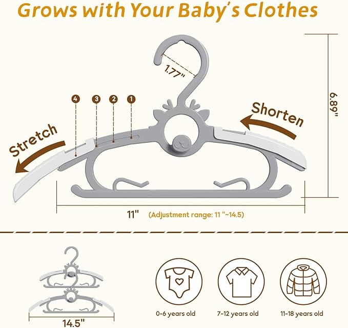 Toddler Hangers 60PCS, 11"-14" Extendable and Stackable Baby Hangers, 45g Ultra-Thick Space Saving Non-Slip Plastic Hanger for Infant, Kids and Nursery Closet (Gray-White-60)
