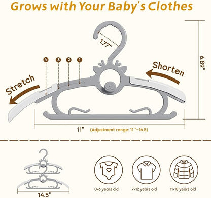 Toddler Hangers 60PCS, 11"-14" Extendable and Stackable Baby Hangers, 45g Ultra-Thick Space Saving Non-Slip Plastic Hanger for Infant, Kids and Nursery Closet (Gray-White-60)