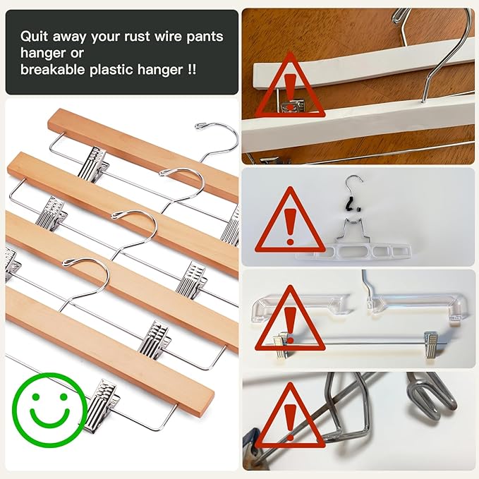 Skirt Hangers 20 Pack Wooden Pants Hangers,Smooth Solid Wood Skirt Hangers,360 Swivel Hooks & Adjustable Clips,for Jeans,Trouser,Shorts,Scarf.(Natural)