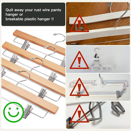 Skirt Hangers 20 Pack Wooden Pants Hangers,Smooth Solid Wood Skirt Hangers,360 Swivel Hooks & Adjustable Clips,for Jeans,Trouser,Shorts,Scarf.(Natural)