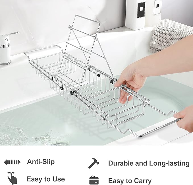 HOMEE Stainless Steel Shower Caddy Tray with Removable Book Holder, European Style Extendable Rectangular Bathroom Tray for Shower Bath Phone IPad Book Holder Candleholder Table Shelf - Silver