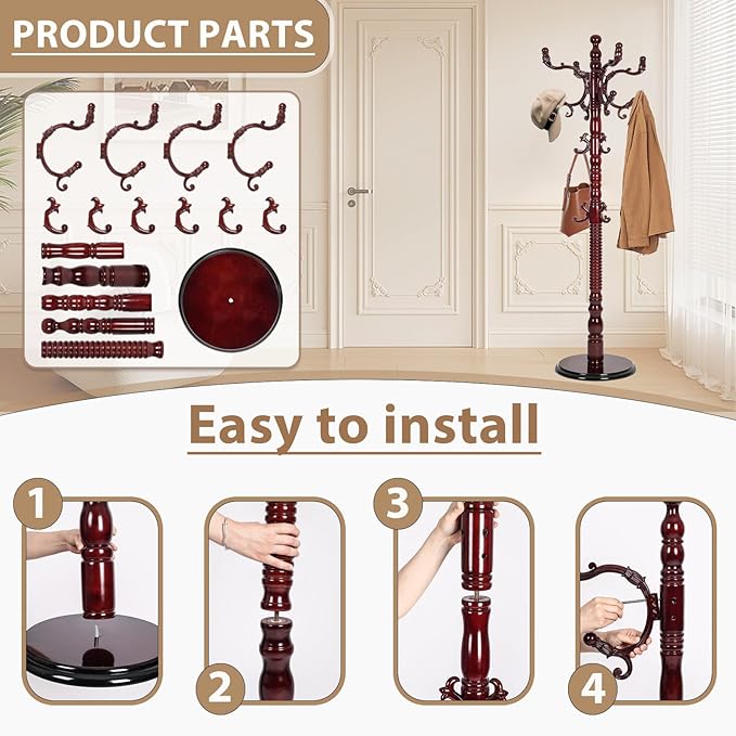 Solid Wooden Coat Rack Stand, Coat Racks Freestanding with 14 Hooks, Natural Birch Wood Coat stands with Sturdy Round Base, tree Coat Hanger Standing for Entryway Bedroom Office (Redwood disc)