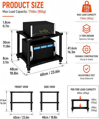 Heavy Duty Audio Component Rack, Large Storage Space AV Media Stand with Shock-Absorbing Foot pegs, Audio Rack Tower CD Player Stand for Home/Office/Audio Video/Theate (Black, 2nd)