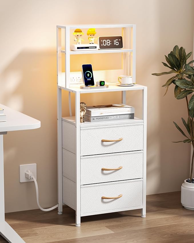 Furnulem Night Stand, White Bedside Nightstand with 4-Tier Shelves and 3 Fabric Drawers, LED Bed Side Tables with Charging Station, Tall Dresser for Bedroom, Hallway, Office