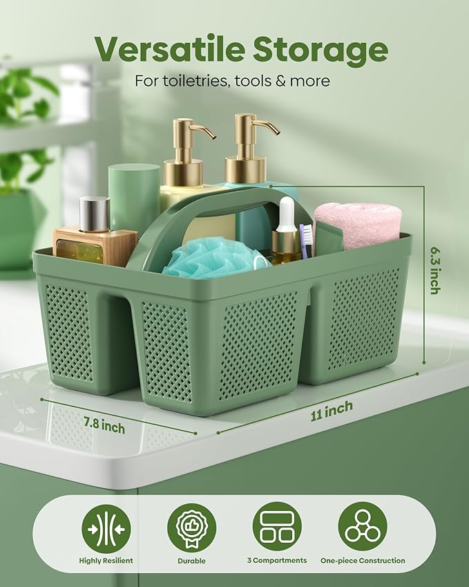 4 Pack Portable Shower Caddy, Integrated Handle, Reinforced Plastic, Quick-Dry Ventilation Holes, Multi-purpose Storage Basket for Home, Dorm and Bathroom, Kitchen, Green