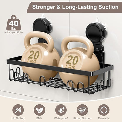 JOTPE Shower Caddy Suction Cup 2 Pack, No Drilling Shower Organizer for Bathroom with Large Capacity, Storage Suction Powerful Max Hold 40 lbs, Waterproof & Removable Bathroom Shelf, Black
