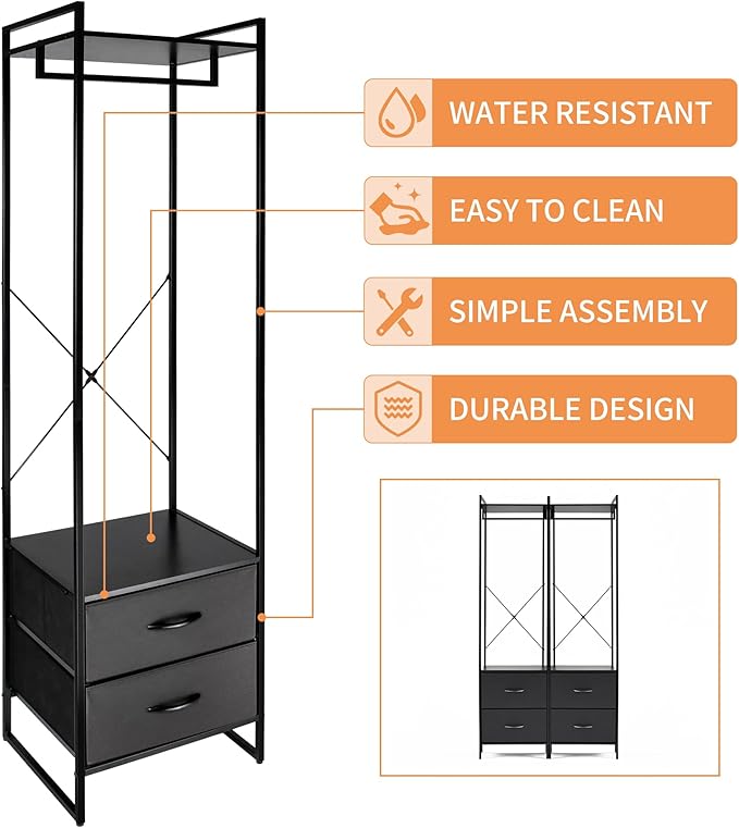 Clothing Rack with 2 Fabric Drawers - Black Steel Frame & Wood Shelf - Durable Clothes Stand Organizer with Hanging Rod - Space-Saving Closet Storage for Shirts, Dresses & Jackets