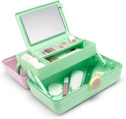Caboodles On-The-Go Girl Makeup Storage Box 2-Pack, Two-Tone Pink/Light Blue and Lavender/Light Green, Hard Plastic Makeup Organizer Box, Built-In Mirror, Secure Latch for Safe Travel