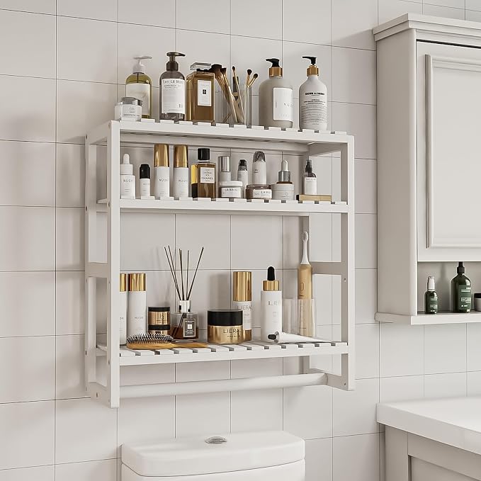Galood Over The Toilet Storage Bathroom Shelves Wall Mounted 3 Tier Space Saver Corner Shelf Organizer Bamboo Towel Rack Toilet Paper Cabinet with Hanging Rod White