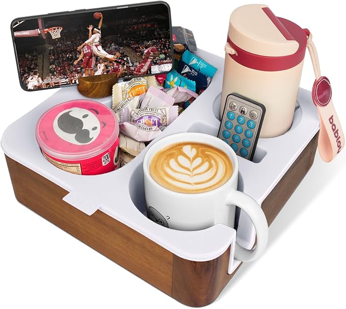 Couch Cup Holder Tray, Real Acacia Wooden Caddy with Soft Silicone, Snack and Drink Organizer- Perfect Movie Night Accessories for Bed, Remote and Cup Holders for Sofa (White)