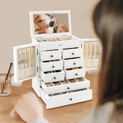 Emfogo Jewelry Box for Women Wooden Jewelry Boxes & Organizers 5-Layer Rustic Large Jewelry Organizer Box with Mirror & 8 Drawers for Rings Earrings Necklaces Bracelets Women Girls Gifts
