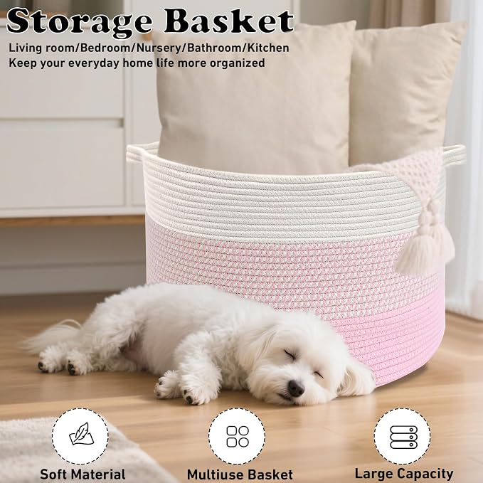 90L Extra Large Blanket Basket,Woven Rope Laundry Basket Hamper with Handles, Decorative Nursery Basket Storage Bin for Toys, Clothes Organizer, Living Room, Bedroom, Bathroom, Pink