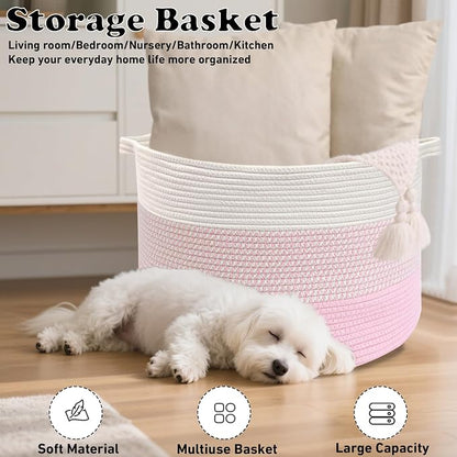 115L Extra Large Blanket Basket,Woven Rope Laundry Basket Hamper with Handles, Decorative Nursery Basket Storage Bin for Toys, Clothes Organizer, Living Room, Bedroom, Bathroom, Pink
