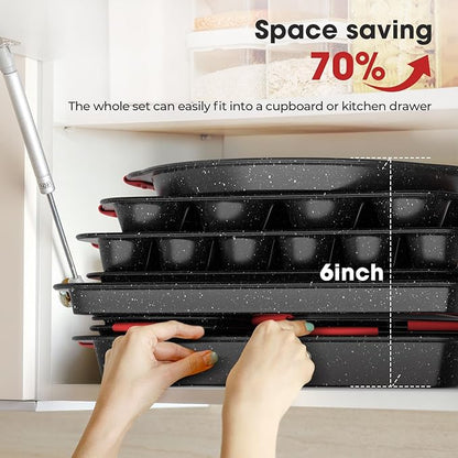 11-Piece Nonstick Stackable Baking Pans Set, Toxin-Free Bakeware Sets, Baking Pan Set with Silicone Handles, Includes Cookie Sheets, Loaf Pan, Pizza Pan, Muffin Pan, Red&Black
