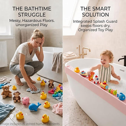 Bathtub Splash Guard for Tub Kids, Silicone Bath Toy Holder & Tub Side Tray with Suction Cups, Bath Tub Shelf for Kids, Bathtub Toy Storage, Pink