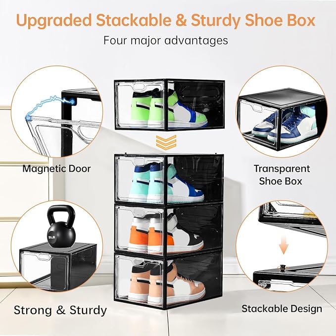 INSTY 12 Pack Large Shoe Storage Box, Clear Shoe Storage Organizer with Magnetic Door, Stackable,Shoe Containers For Display Sneakers, Easy Assembly, Fit up to US Size 12, Transparent