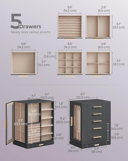 SONGMICS Jewelry Box 360° Rotating, Jewelry Storage Case with 5 Drawers, Jewelry Organizer, Glass Window, Spacious, Vertical Jewelry Storage, Open Design, Great Gift, Slate Gray UJBC170G01