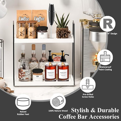 Countertop Coffee Station Organizer, 2 Tier Large Coffee Bar Organizer for Accessories Storage, Stable Metal Wooden Shelf Syrups Holder Condiments Rack