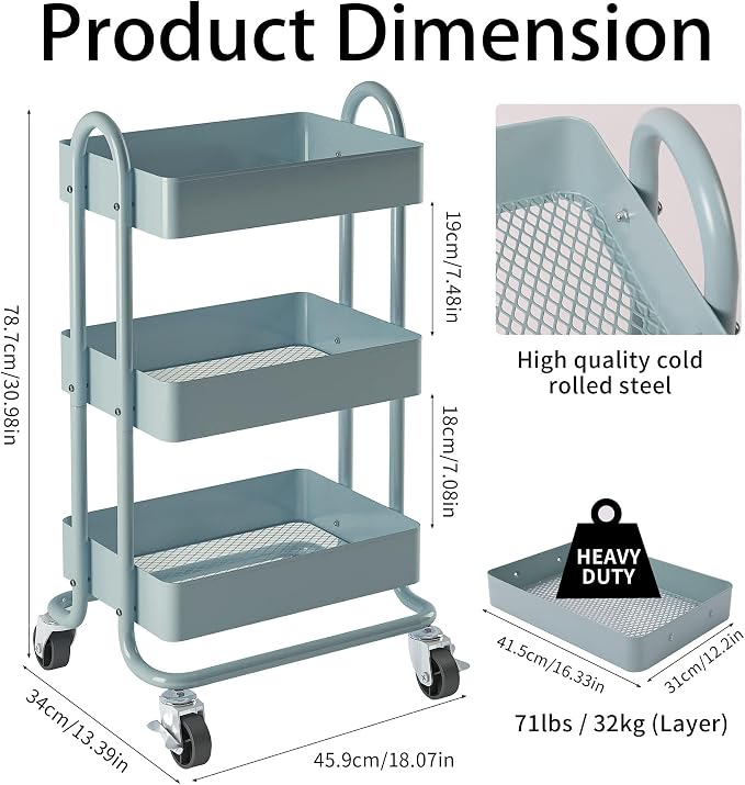 Metal Rolling Cart,3-Tier Metal Rolling Cart with Wheels,3 Tier Utility Cart with Wheels for Office,Home,Kitchen,Garden（13.4"x18.1"x31"） Blue