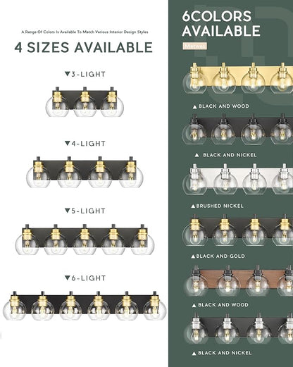 Bathroom Light Fixtures, 4-Light Black and Gold Bathroom Vanity Light, 26 Inch Modern Wall Sconces with Globe Clear Glass Shade, Vanity Lighting Fixtures Over Mirror, VL195-KG-4