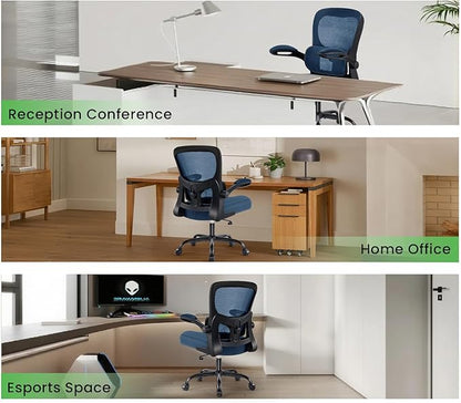 Ergonomic Office Chair, Comfy Desk Chair with Adjustable Lumbar Support, Mesh Computer Chair with Wheels, Flip-up Armrests, Swivel Rolling Executive Chair for Home Office, Gaming, Navy Blue