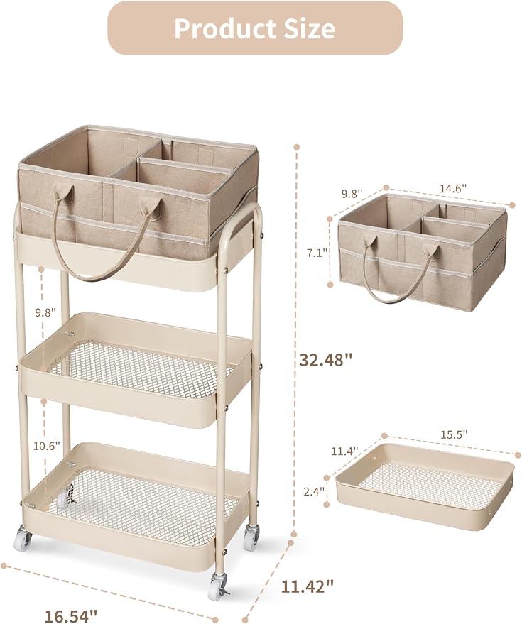 Fortella Baby Diaper Caddy, 3 Tier Rolling Storage Cart for Baby Essentials, Diaper Cart with Detachable Dividers, Storage & Baby Bottle Organizer, Nursery Dresser for Bedroom, Living Room (Taupe)