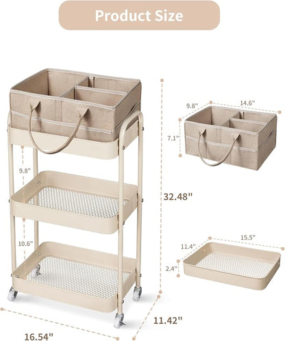 Fortella Baby Diaper Caddy, 3 Tier Rolling Storage Cart for Baby Essentials, Diaper Cart with Detachable Dividers, Storage & Baby Bottle Organizer, Nursery Dresser for Bedroom, Living Room (Taupe)