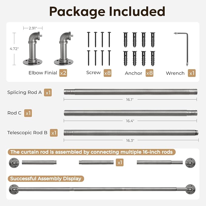 Zeerobee Curtain Rods for Windows 32 to 48, 1 Inch Industrial Wrap Around Grey Curtain Rod, Indoor/Outdoor Room Divider Adjustable Drapery Pole, 32"-48"