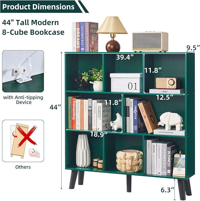 LEYAOYAO 8 Cube Bookshelf,3 Tier Bookcase with Legs,Dark Green Mid-Century Modern Bookshelves,Large Open Storage Organizer Shelf, Wooden Book Case