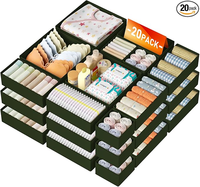 DIMJ Drawer Organizer Clothes Storage - 20 Pack Baby Dresser Organizer for Nursery, Foldable Closet Drawer Bins for Bedroom Organization, Fabric Storage Dividers for Socks, Underwears, Green