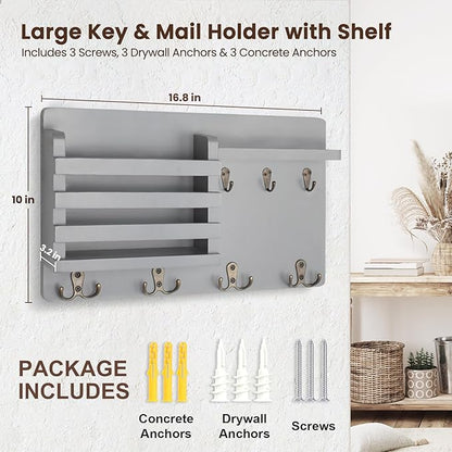 Nekon Mail Holder for Wall Mail Organizer with Key Hooks Hallway Farmhouse Decor Storage Racks with Floating Shelf and Flush Mount Hardware (16.8Inch x 10Inch x 3.2Inch) (Gray)
