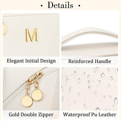 Valentine's Day Gifts for Women Teen Girl, Personalized Initial Makeup Organizer Bag Set, Open Flat Travel Cosmetic Bag With Clear Divider and Handle(Beige,M)