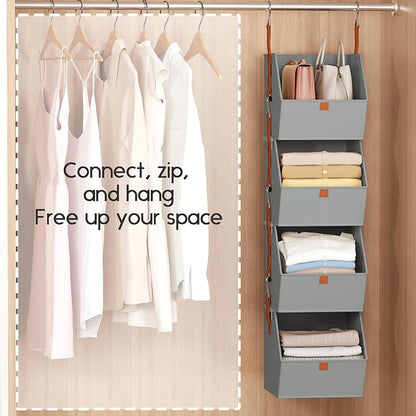 Hanging Closet Organizer 4 Tier - Clothes Hanging Shelves, Space-Saving Closet System, Fabric Storage Bins Bedroom Organization, Collapsible Baskets for Home, Dorm, Rv, Grey, 2 Pack