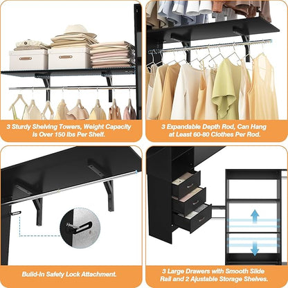 8FT Closet System, 96'' Closet Organizer System with 3 Hanging Rods, Wall Mount Bedroom Wardrobe with 3 Drawers Walk-in Closet, Adjustable Cloth Garment Rack from 5 to 8FT (Cut to Fit), Black