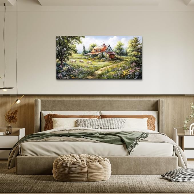 QIYILEXWART Canvas Wall Art For Living Room Wall Decor For Bedroom Office Wall Decorations Modern Grassland Paintings The Hut Pictures Artwork Room Aesthetic Home Decor Ready To Hang