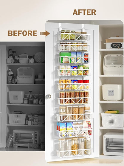 Delamu Adjustable Over the Door Pantry Organizer, 9-Tier Metal Pantry Organization and Storage for Kitchen, Hanging Spice Rack Seasoning Shelves, Cabinet Door Organizer for Easy Install, 16" White