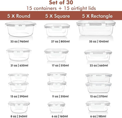 Razab 30 PC Glass Food Storage Containers with Lids - Reusable Glass Meal Prep Containers for Lunch and Leftovers - Airtight & Leakproof Snap Locking Lids - Oven, Freezer, Microwave, Dishwasher Safe