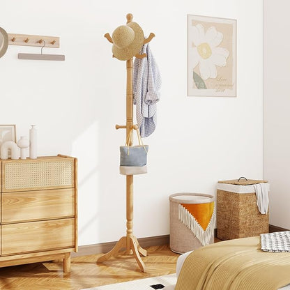 Giantex Solid Wood Coat Rack, Freestanding Hall Tree with 3 Adjustable Heights and 11 Hooks, Rubber Wood Frame, Entryway Hanger Stand, Wooden Garment Rack for Hallway, Living Room (Natural)