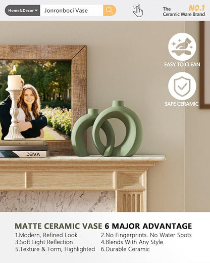 Set of 2 Sage Green Ceramic Vases for Home Decor Accents - Unique Hollow Donut Artistic Design Modern Boho Farmhouse Style Decorative Vases for Shelf, Mantel, Entryway Table Decor (Matte Green)