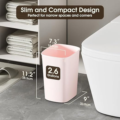 CEROELDA Bathroom Trash Can with Lid, 10L/2.6 Gal Small Garbage Can with Press Top Lid, Slim Plastic Waste Basket for Toilet, Office, Bedroom(Pink)