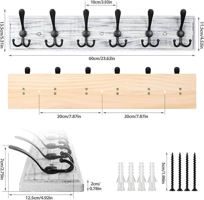 Coat Rack Wall Mount, Wooden Heavy Duty Coat Rack for Wall,6 Triple Coat Hanger Hooks for Hanging Coats,Jacket,Hat,Clothes (Grey White, 6 Hooks)