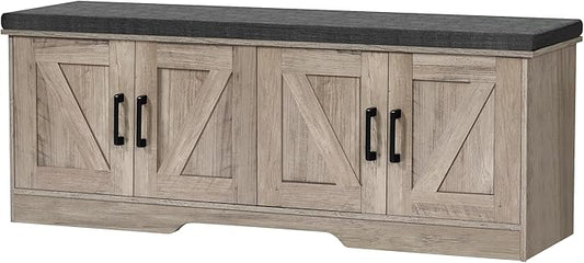 2-Tier Storage Bench, 47.2" Wide Shoe Bench with Padded Seat Cushion, Entryway Bench with 4 Barn Doors and Adjustable Shelf, Greige